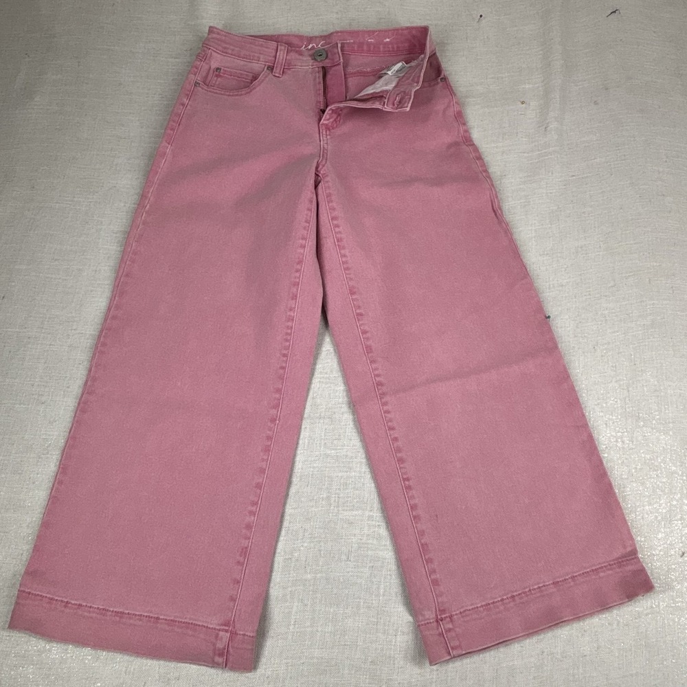 INC Pants Womens 0 Pink Wide Leg Cropped Regular Fit‎ High Rise Stretch Denim